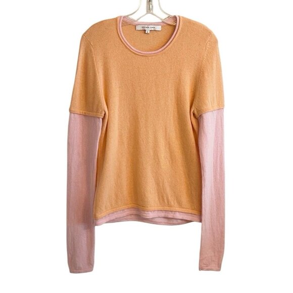 Esther Chen 100% Cashmere Sweater Large Peach Pink Colorblock Crew Neck CozyCore - Picture 2 of 8